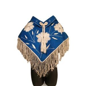 Vintage Youth 70s Embroidered Mexican Poncho/Cape Wool Tassel Fringe Teal